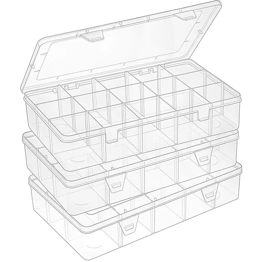 Set di 3 Scatole Organizzative in Plastica con 15 Scomparti, Contenitori con Divisori per Attrezzi, Perline, Nastro Washi, Nastri Decorativi
