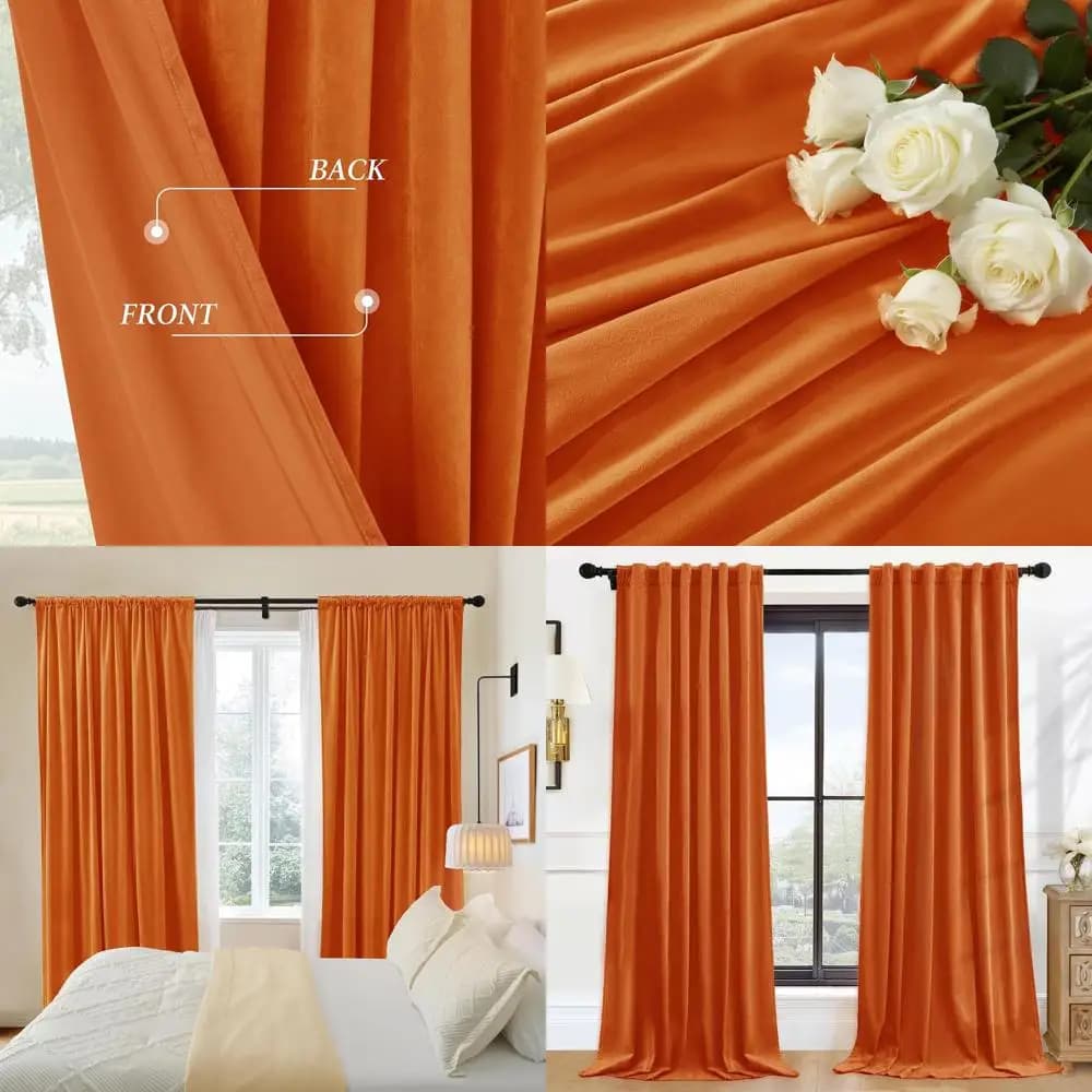 Thermal Insulating Tents in Velvet Orange Bruciato 108, Set 2 Living Room Panels/Bedroom Dining Room (52 L x 108 L)
