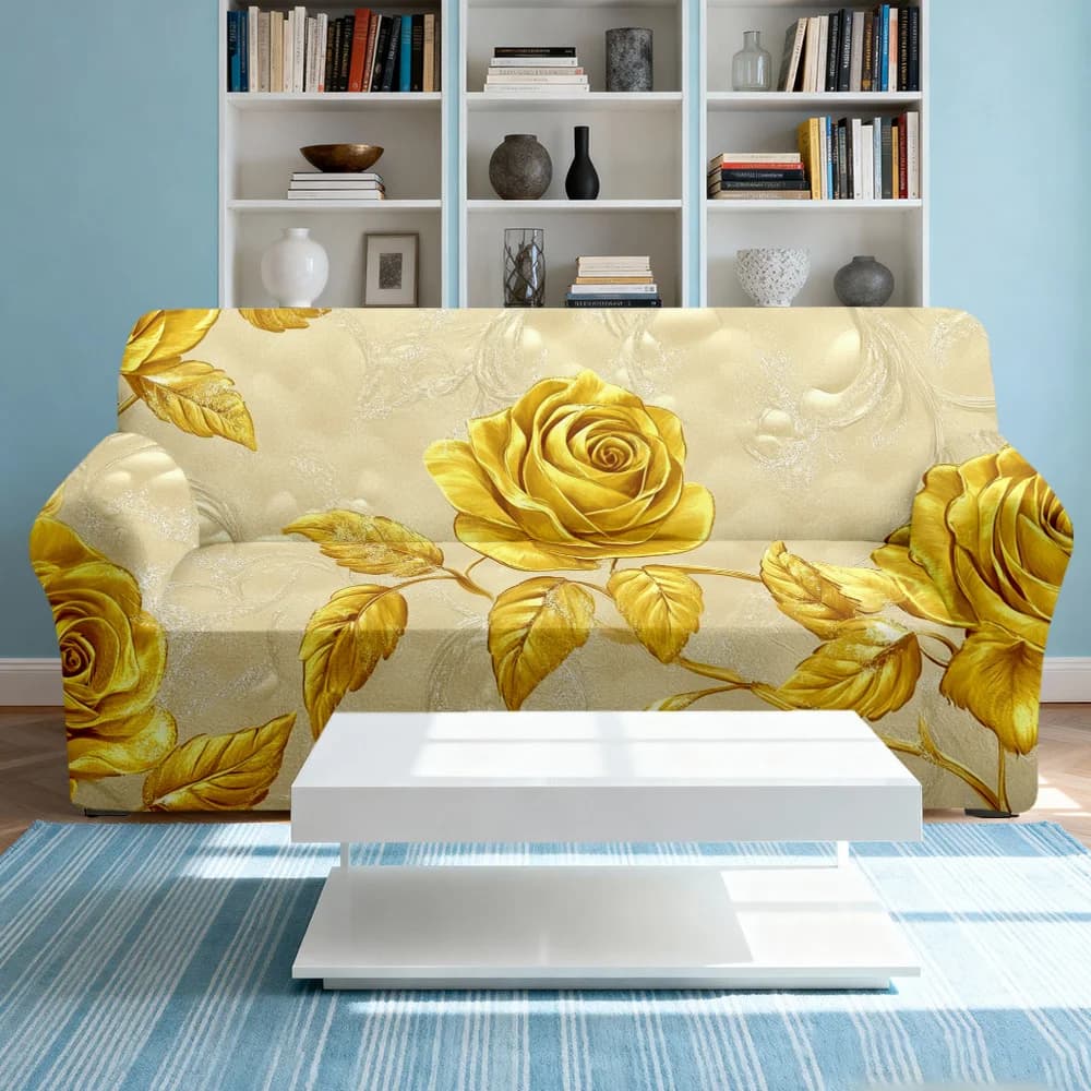 1pc Opulent Golden Rose Leaf Pattern Print Stretch Sofa Cover, Removable Washable Furniture Protector for Living Room