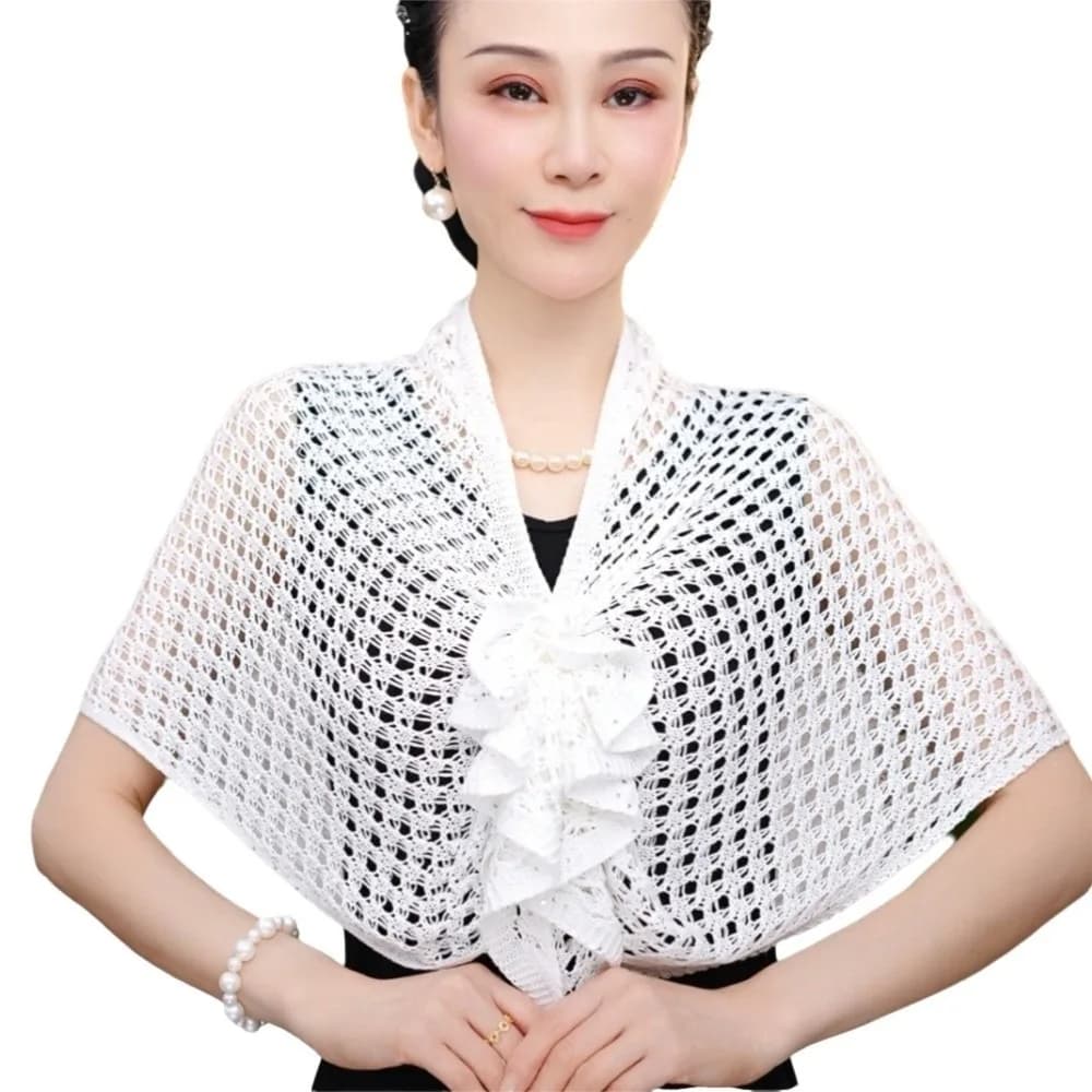 Cardigan Scintillante con Design Traforato e Chiusura Frontale, Manica Corta in Seta Ghiaccio, Motivo Floreale, Materiale in Cotone, Sciarpa Triangolare