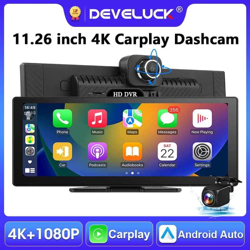 Dash Cam Portable 11.26\" with 4K Camera, Carplay and Android Auto Wireless, IPS Screen, GPS Navigation, Dual Lenten Video Recorder, DVR for Auto