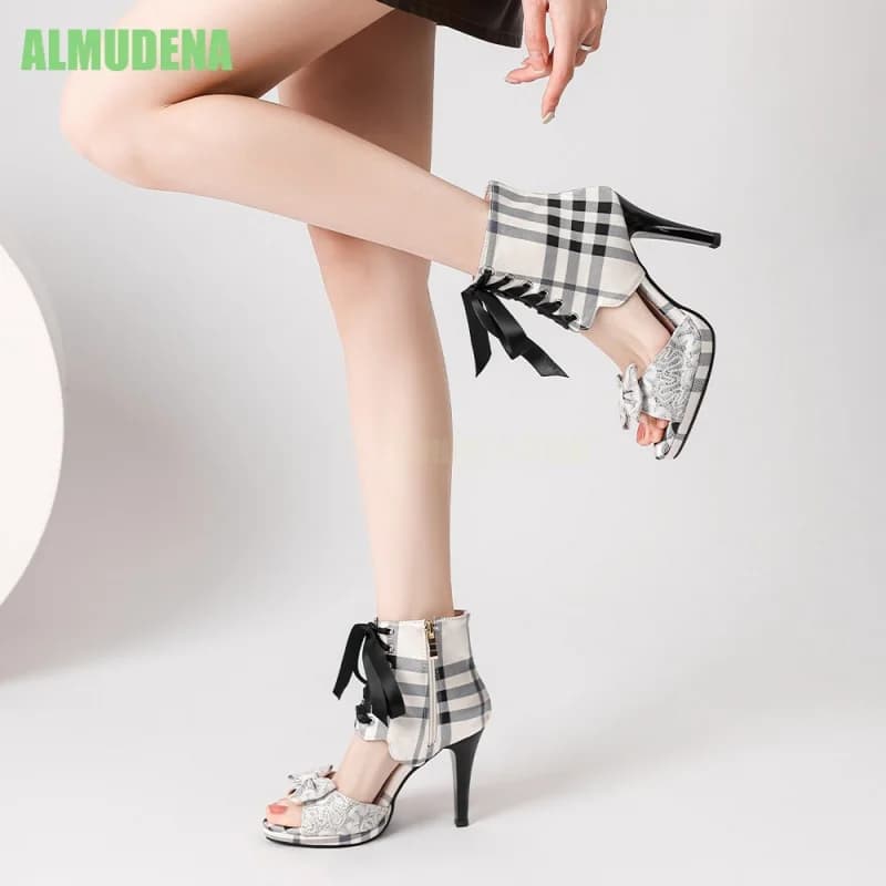 Plaid Lace Bow High Heel Sandals Open Toe Ankle Boot Style Ribbon Lace Up Zipper Back Sweet Lolita Women Footwear