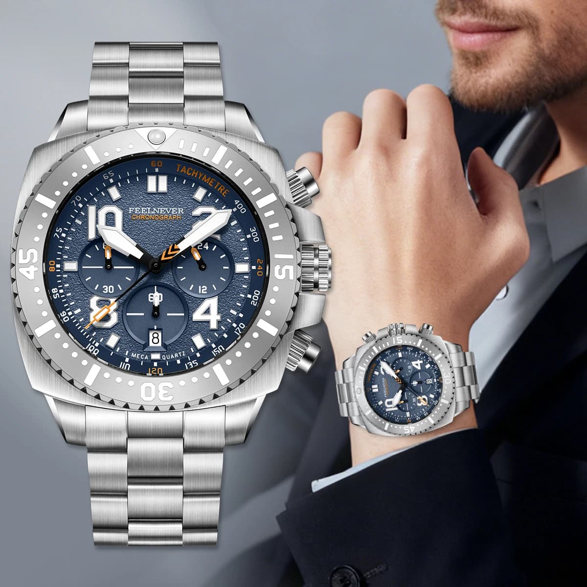Orologi da uomo FEELNEVER Luminosi 10ATM Impermeabili Acciaio inossidabile 316L Calendario Vetro zaffiro Orologio da polso al quarzo alla moda reloj