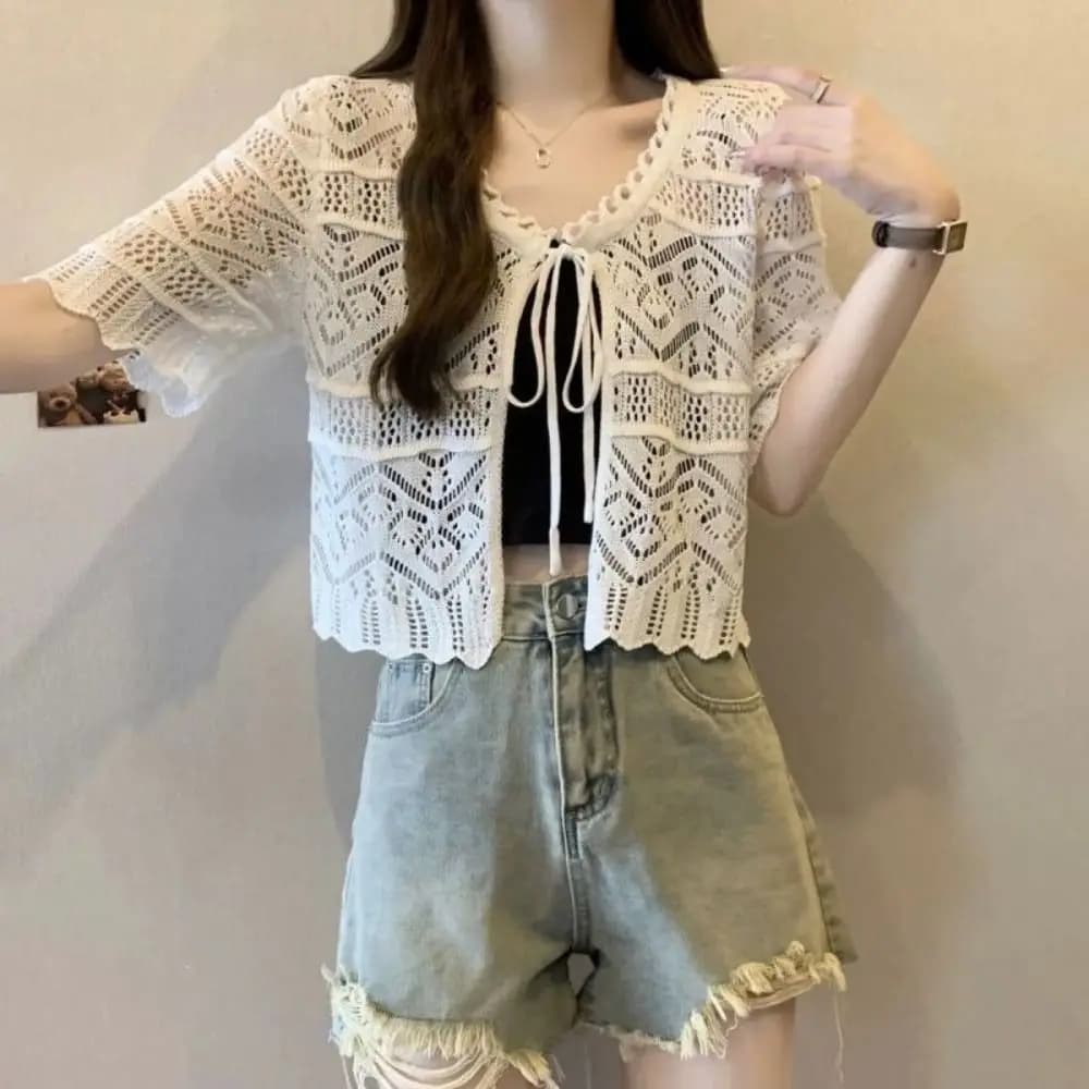 New Flower Knitted Cardigan V-Neck Hollow Out Short Sleeve Shawl Casual Thin Sun-Proof Tops Summer
