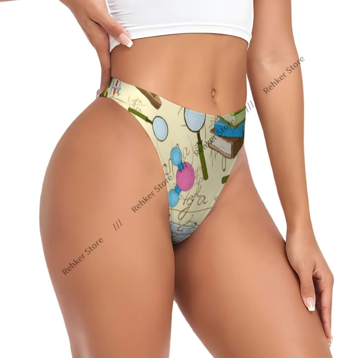 Women's Panties Sketch Style Ornaments With Books Microscope Drawings On Creamy Back Underwear Sexy Thongs Lingerie G-Strings