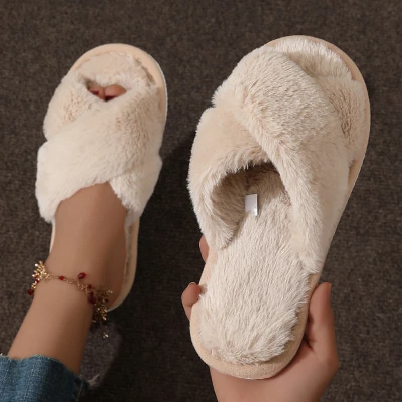 Moda donna soffici pantofole fascia incrociata morbida peluche accogliente casa scarpe pelose punta aperta coperta esterna antiscivolo calda suola antiscivolo