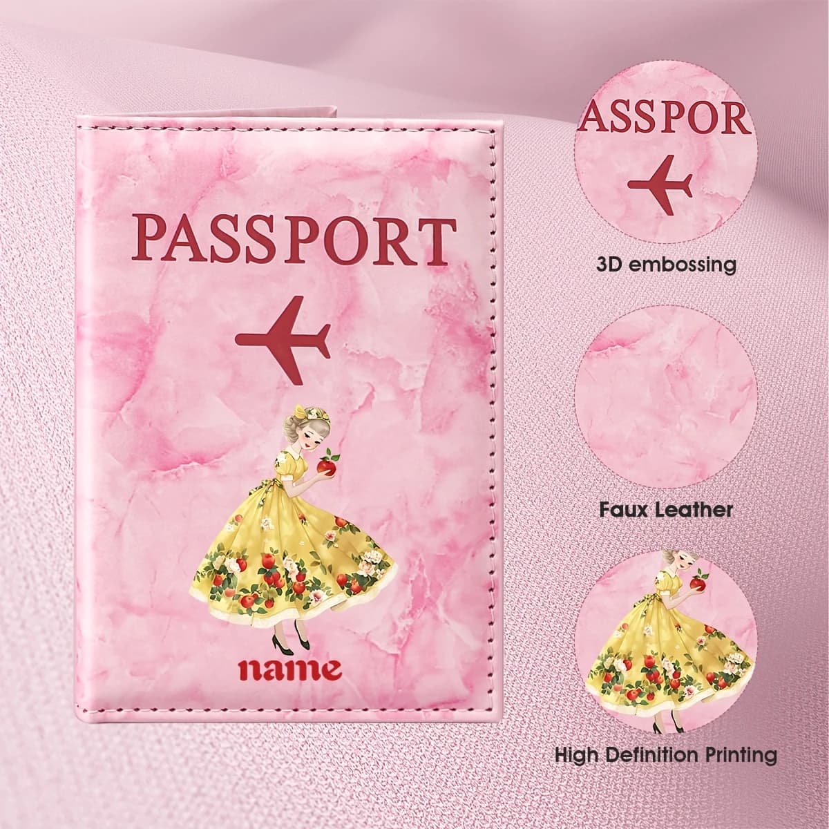 Custom Name Passport Holder Featuring an Elegant Vintage Floral Princess Design, It Showcases a Girl in a Golden Dress Holding