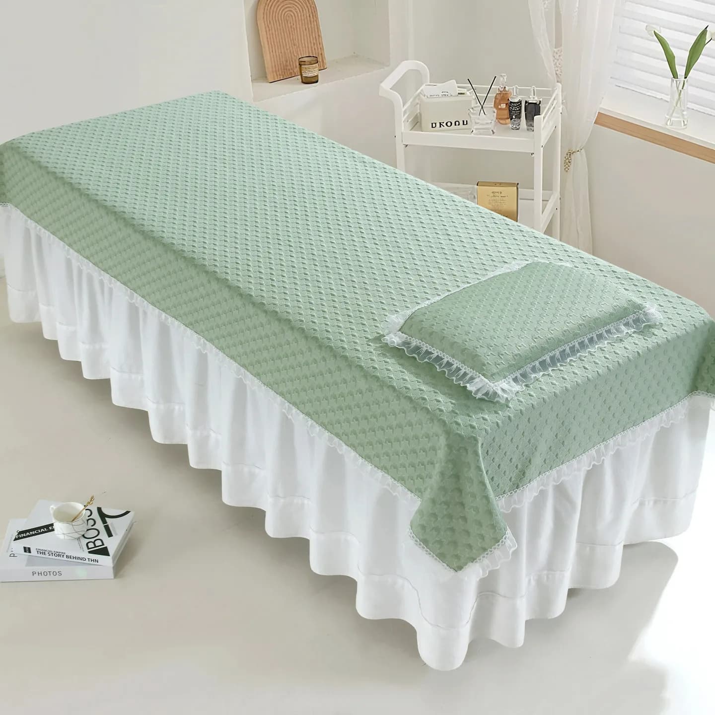 Fresh Style Beauty Salon Ice Silk Bed Sheet Mat for Summer, Lotus Ruffle Plaid Bedspread with Pillowcase