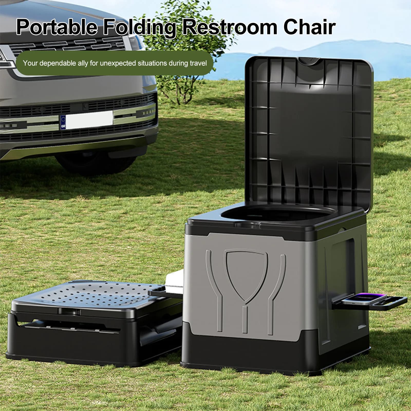 WC Pieghevole Portatile con Portarotolo e Coperchio, Toilette Riutilizzabile per Campeggio, Viaggi, Auto, Camper e Uso di Emergenza