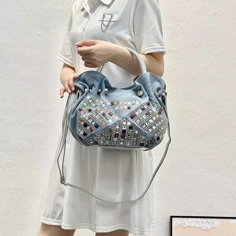 2026 Women Diamonds Rivet Messenger Bags Women's Shoulder Bag Denim Bags Jeans Handbag High Quality Ladies Bags