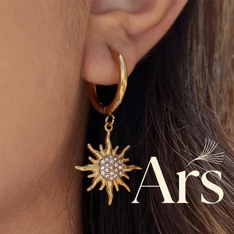 Ars Stainless Steel Dangle Earrings for Women 18K Gold Plated Sun Pendant Drop Earrings with Zircon Non Tarnish Hoop Earrings