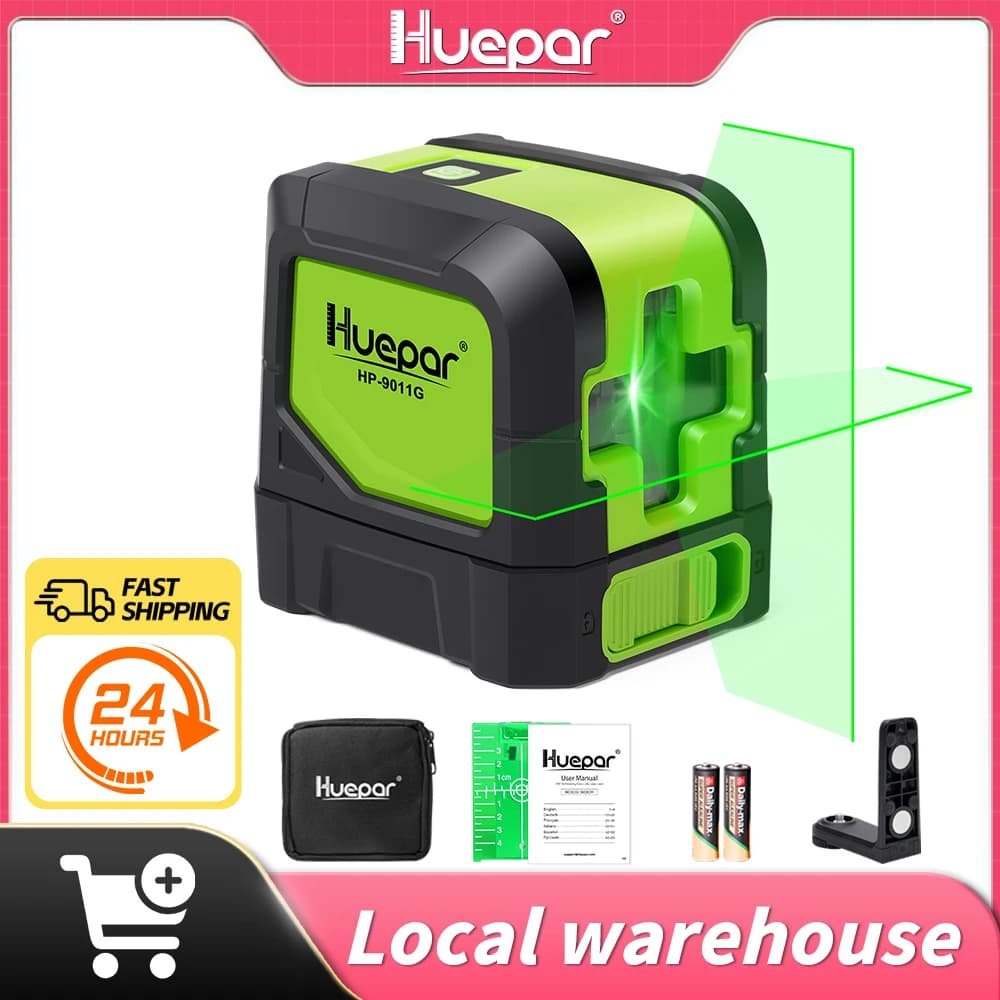 Huepar Livello laser a 2 linee 9011G Laser a linee incrociate 3D Autolivellante Raggio verde e rosso orizzontale e verticale con base magnetica
