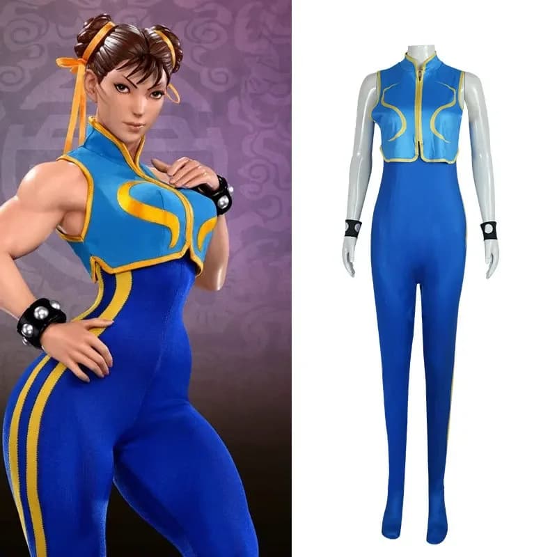 Giochi Chun Li Costume Cosplay Tuta blu Gioco di battaglia Body Donna Ragazza Abito Chun-Li con bracciale e elastici per capelli
