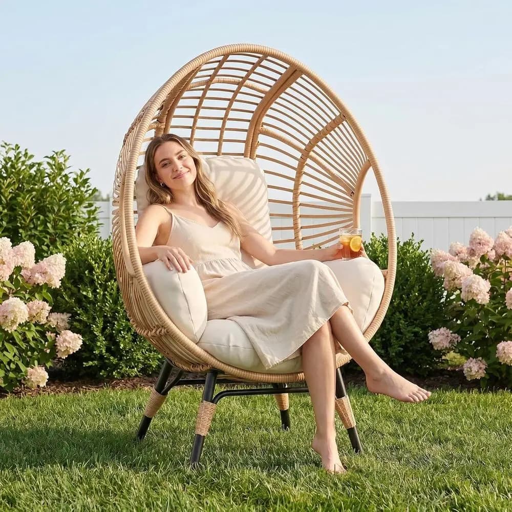 Elegant Outdoor Indoor Wicker Egg Chair with Cushions, Ideal for Patio, Garden, Porch (Beige)