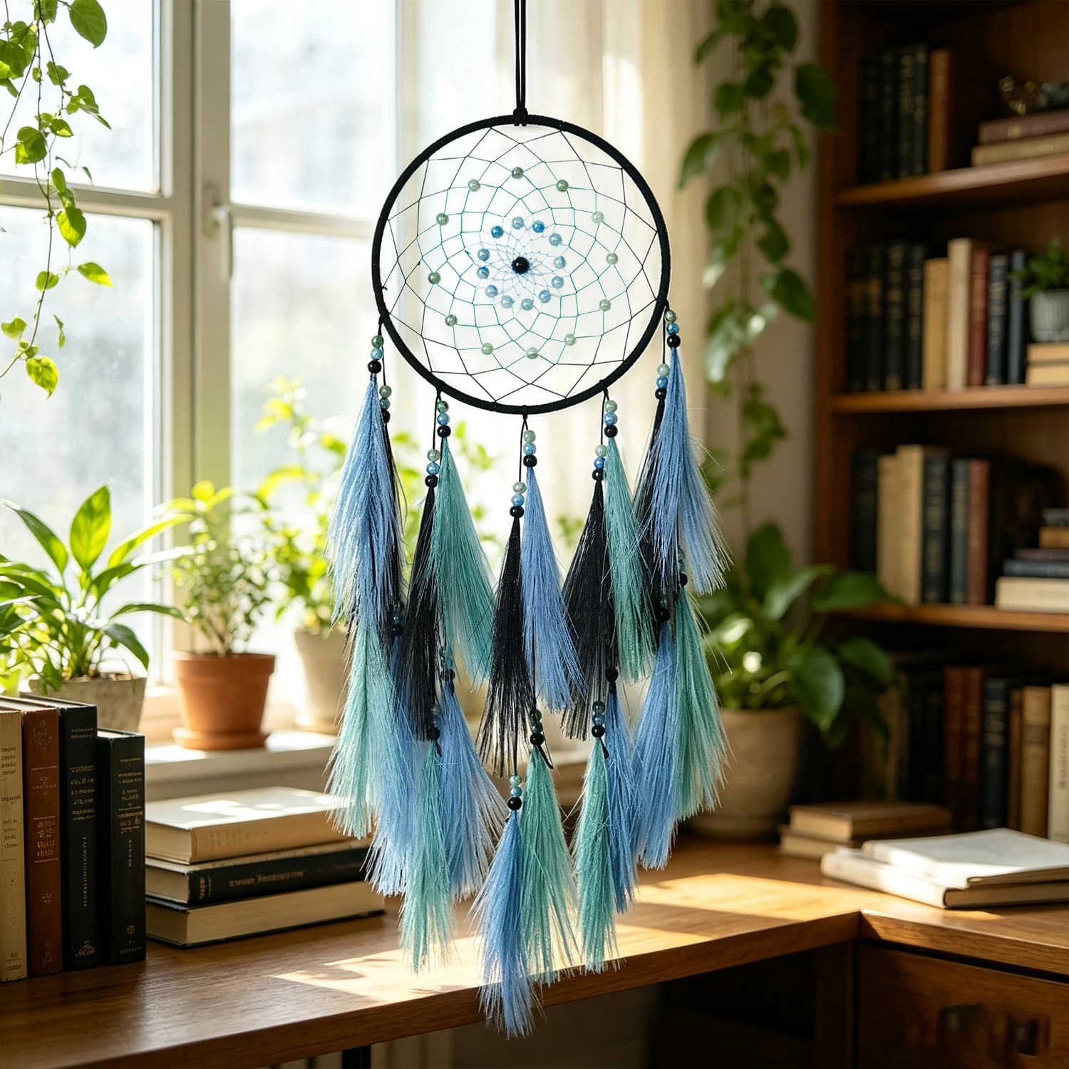 Bohemian Blue Tassel Dream Catcher Handmade Beaded Faux Feather Wall Hanging for Bedroom Handmade Ornaments Home Decor Gifts