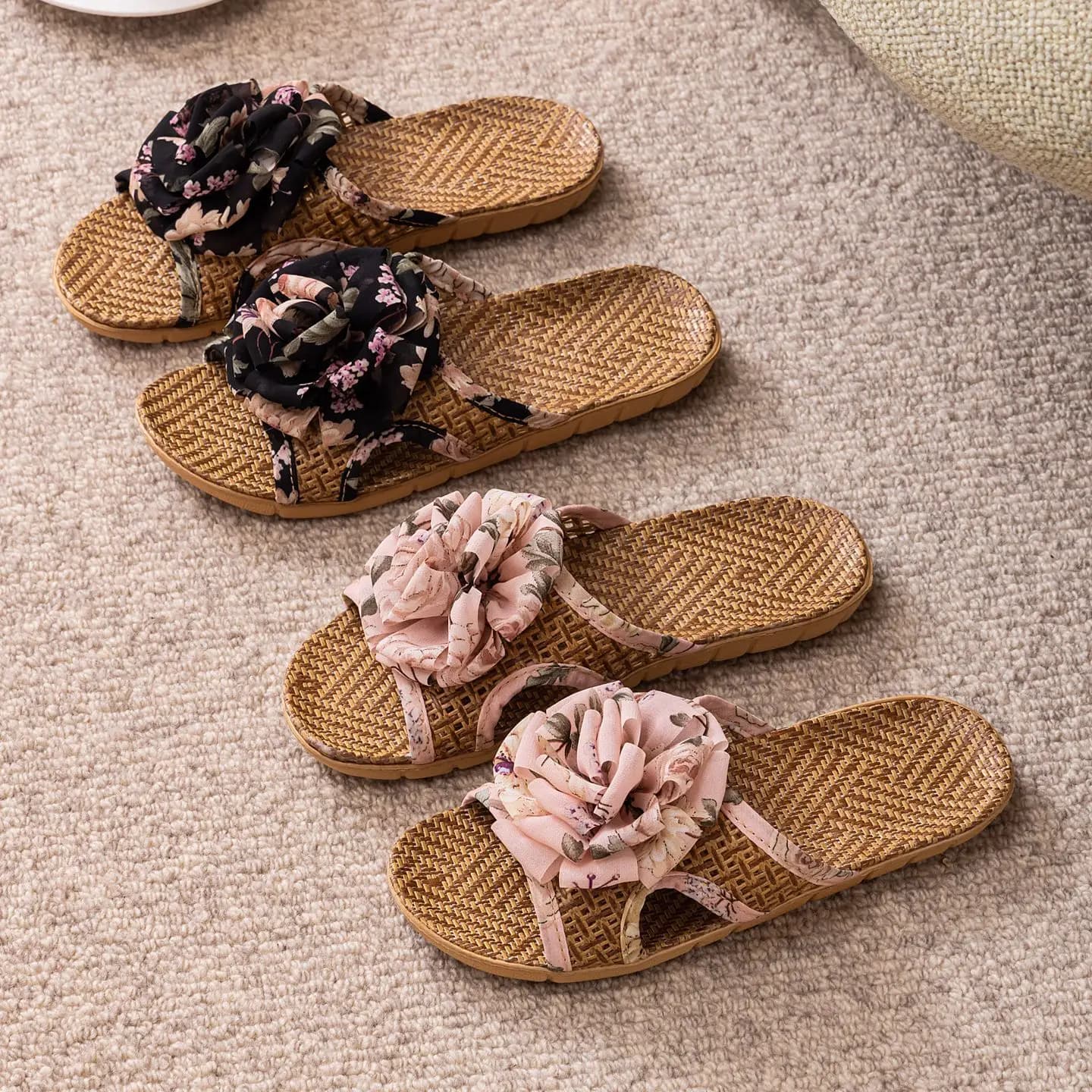 Summer Women Sweet Bowknot Rattan Slides Cool Breath Anti Slip Soft Sole Indoor Household Slippers