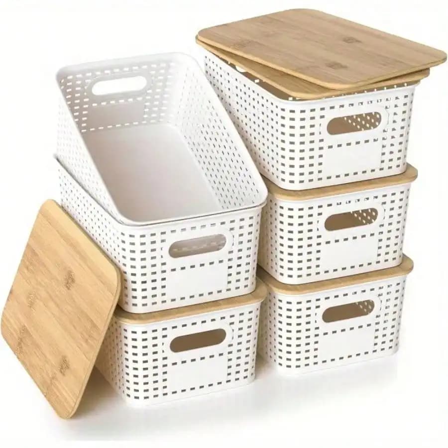 6 Pack Stackable Storage Bins with Bamboo Lids, Plastic Organizer Containers for Shelves, Drawers & Desktop, Closet/Playroom/Office Storage Baskets