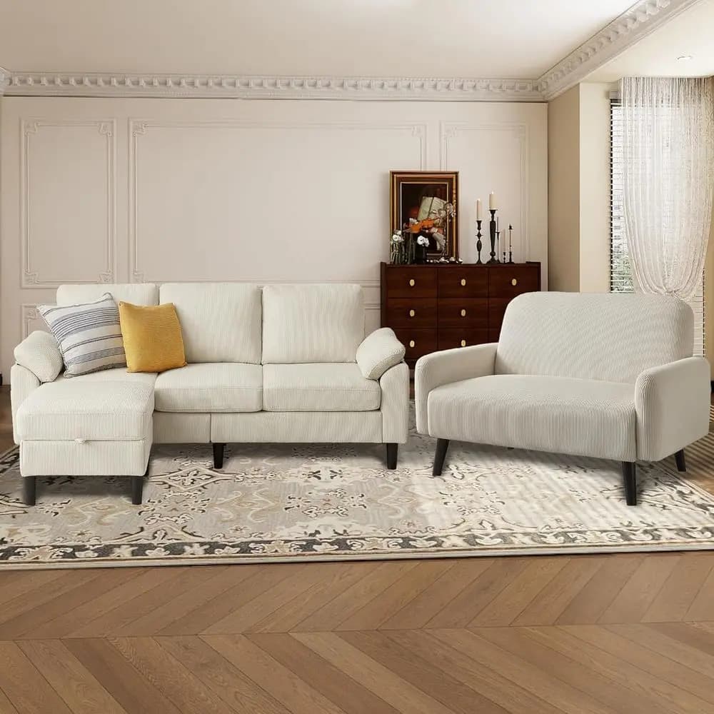 Set Divano Angolare a L in 3 Pezzi con Pouf Contenitore e Divanetto, Cuscini e Rivestimenti Rimovibili