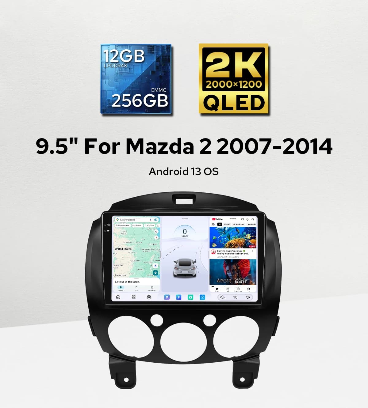 Autoradio 2K QLED 9.5 Pollici 2000*1200 per Mazda 2 2007-2014, Lettore Multimediale per Auto che Preserva Amplificatore BOSE/Controlli al Volante