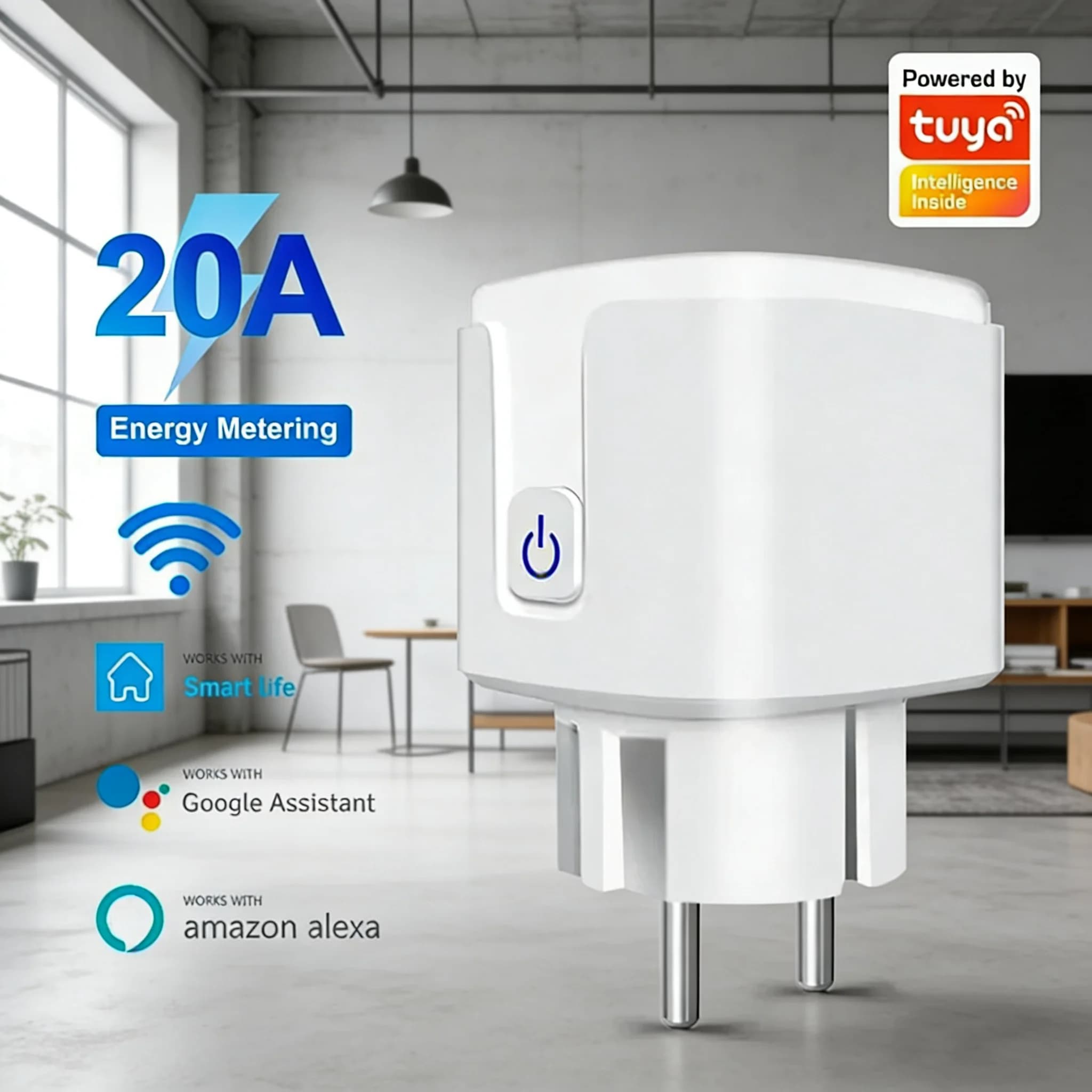 Presa Intelligente WiFi Tuya EU 20A con Monitoraggio Consumi, Controllo Remoto tramite App Smart Life, Funzione Timer, Controllo Vocale Compatibile con Alexa