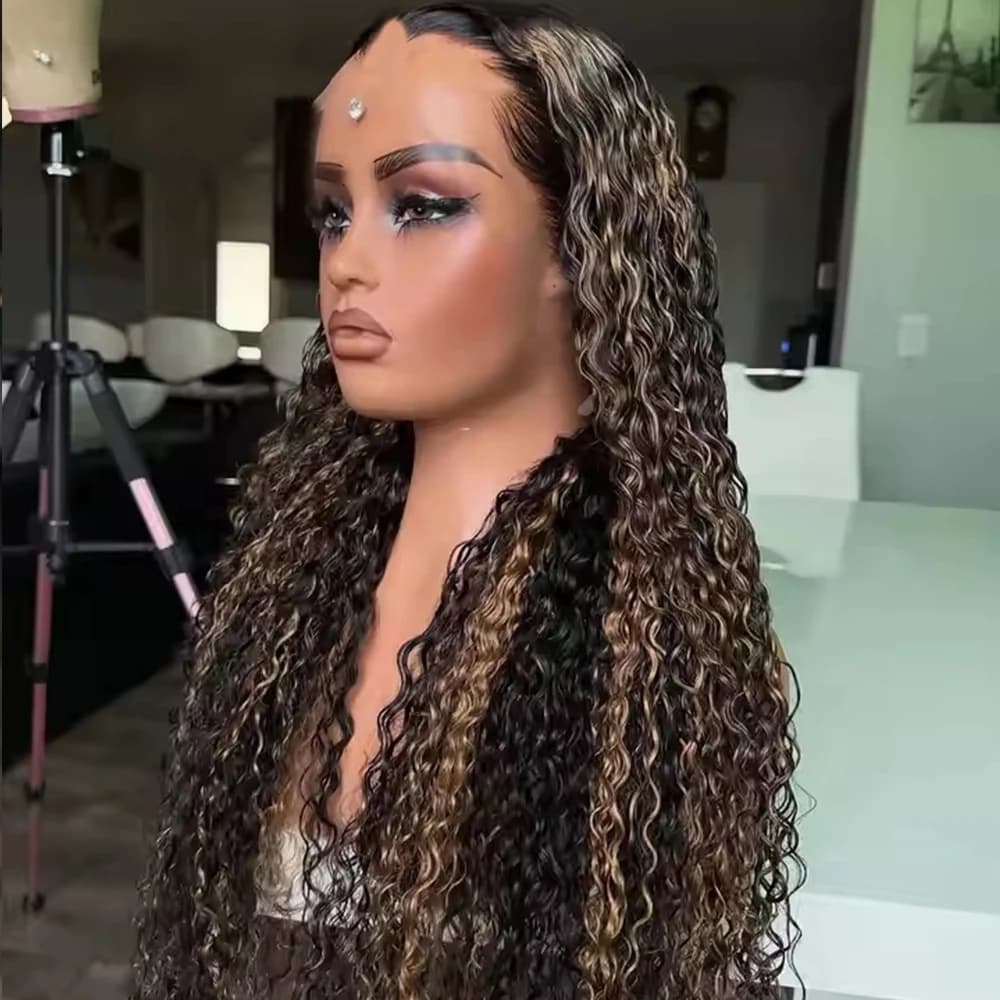 Super Long Kinky Curly Highlight Blonde Remy Human Hair Full Machine Made Water Wave V Part Wigs Glueless Natural U Part Wigs