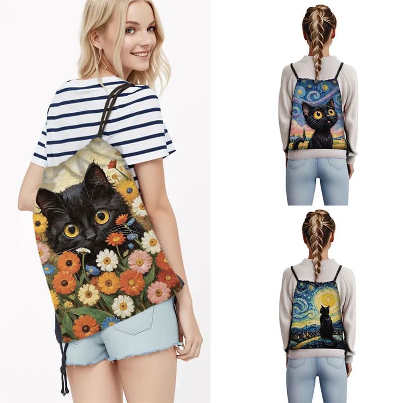 Van Gogh Black Cat Pattern borsa con coulisse The Starry Night zaini donna Bookbag per borse da viaggio porta scarpe
