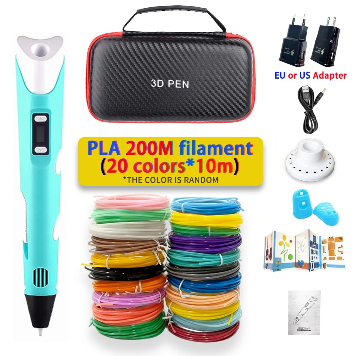 3D Pen for Children, 3D Printing Pen, 3D Drawing Pen, Creative Toy, Birthday and Christmas Gift for Children, PLA Filament Adapter, Travel Case