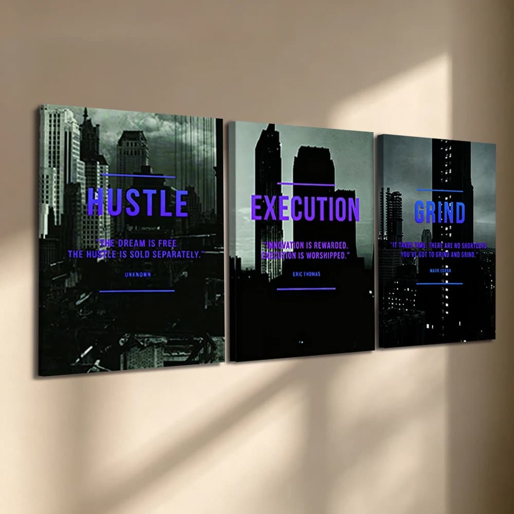 Set di 3 Quadri su Tela con Cornice in Legno, Stampa Motivazionale 'Hustle Execution Grind', Decorazione per Soggiorno, Camera da Letto, Cucina, Ufficio, Casa
