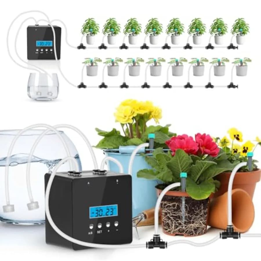 Sistema di Irrigazione Automatico per Piante in Vaso, Innaffiatore per Piante da Interno con Timer Programmabile, Doppie Pompe Autoadescanti, Irrigazione a Goccia