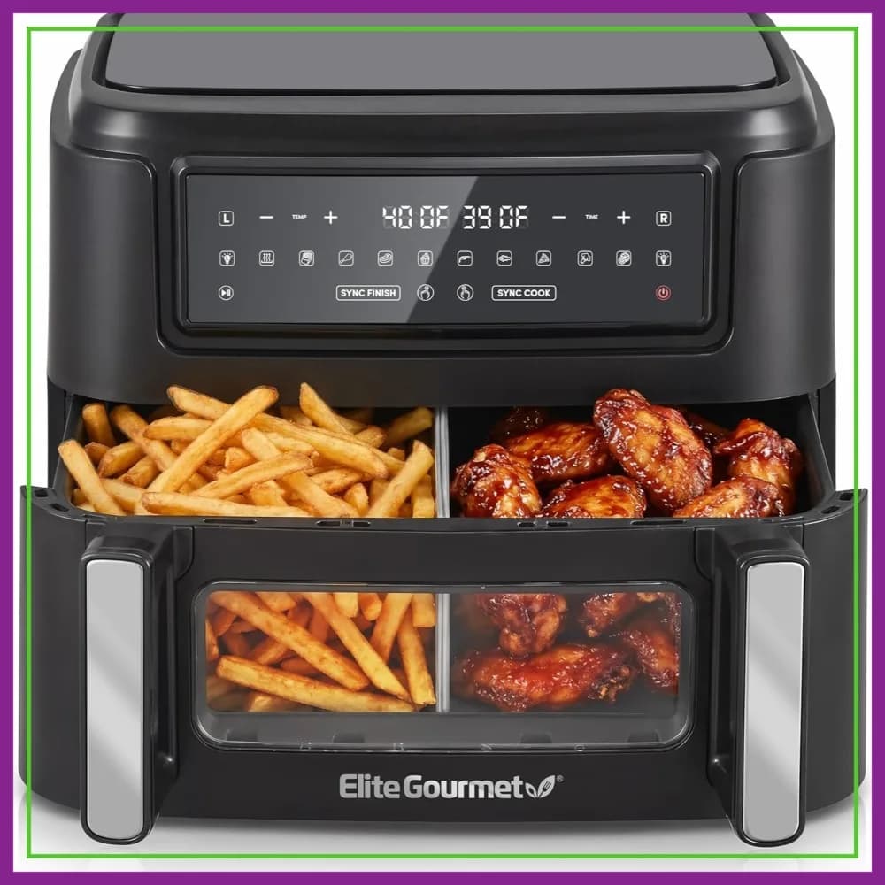 Friggitrice ad Aria con Doppio Cestello da 11QT, Funzione Sincronizzata per Finitura e Cottura, 10 Programmi Preimpostati, Antiaderente Senza PFAS, 1600W