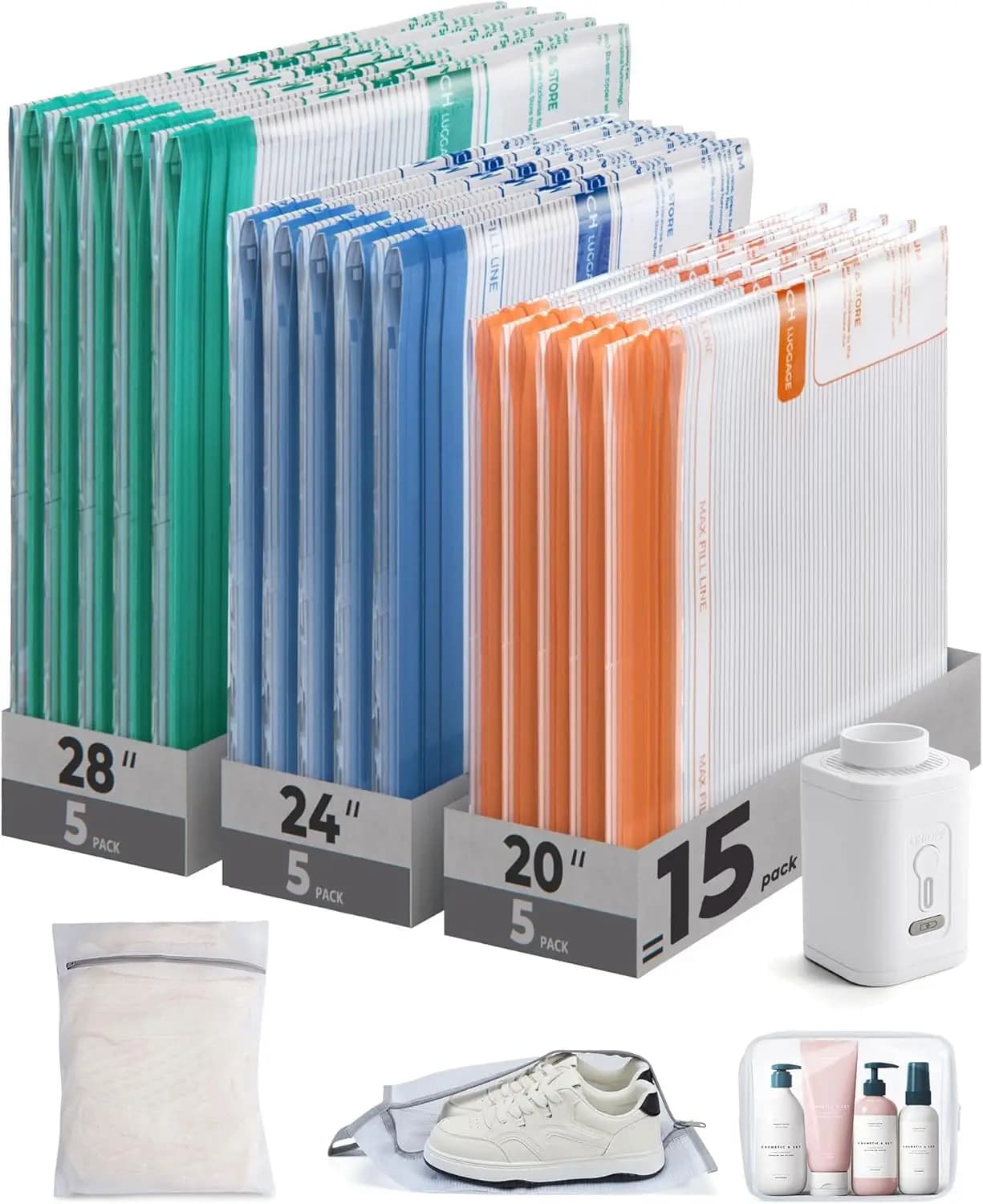 18PC Travel Vacuum Bags with Rechargeable Pump, Save 80% Space, Shoe & Laundry Bags Included, Ideal for Suitcase Packing