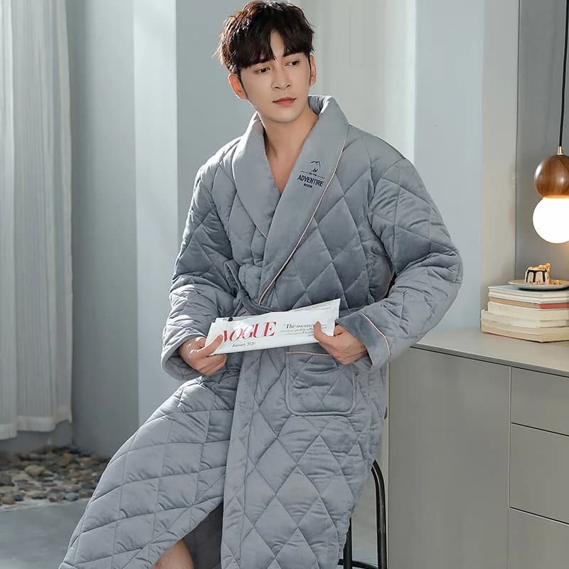 3 Layers Thick Men's Warm Winter Bathrobe in Soft Cotton Quilted Long Kimono Men's Dressing Dress in Flannel