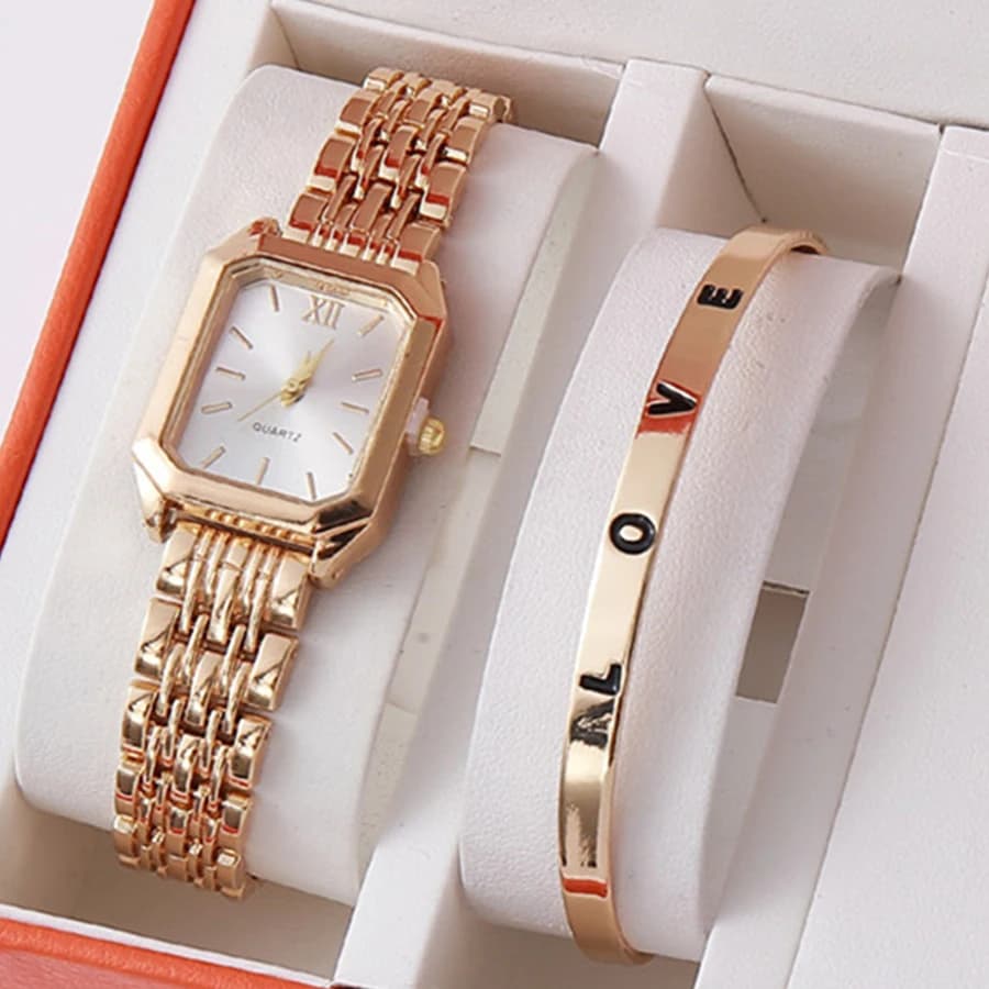 Set di 2 orologi da donna con cinturino in acciaio, stile leggermente lussuoso, con lancette, per studentesse, alla moda, semplici, quadrati, al quarzo.
