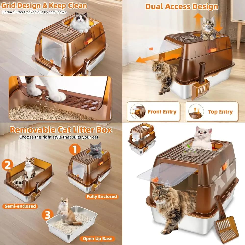 Lettiera per Gatti Extra Large in Acciaio Inossidabile con Coperchio, Controllo Odori, Anti-Perdita, Facile da Pulire (Ambra)