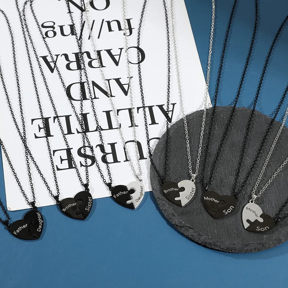 Fashion Creative Family Heart Puzzle Necklace Black And White Stainless Steel Pendant for Accessory