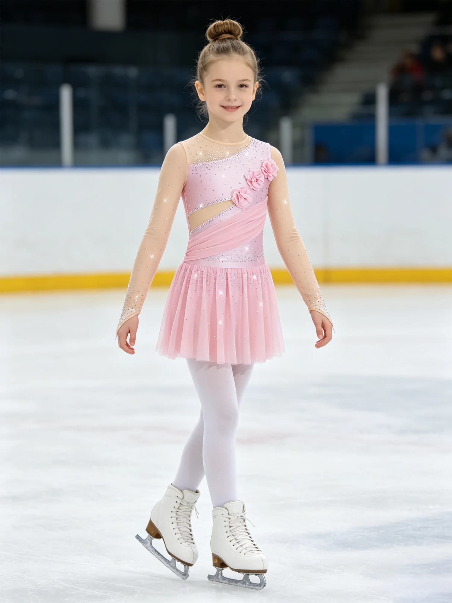 Kids 3D Flower Gymnastics Ice Skating Outfit Rhinestone Figure Skaitng Dress for Girls Ballet Modern Dance Dress for Performance