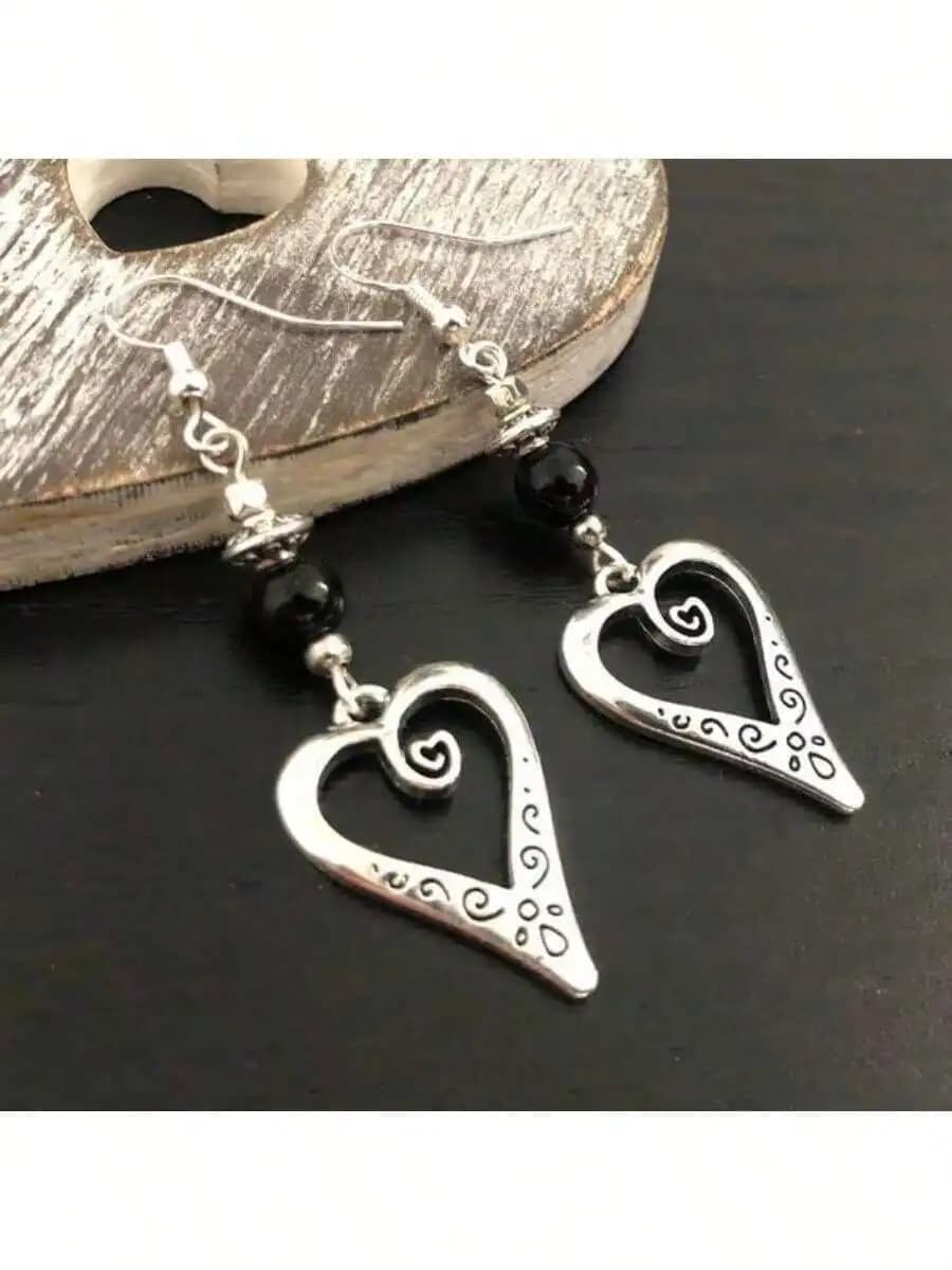 Boho Dangle Earrings, Heart Drop Earrings, Black Earrings, Boho Jewellery Uk, Bohemian, Silver, Silver Dangle Earrings
