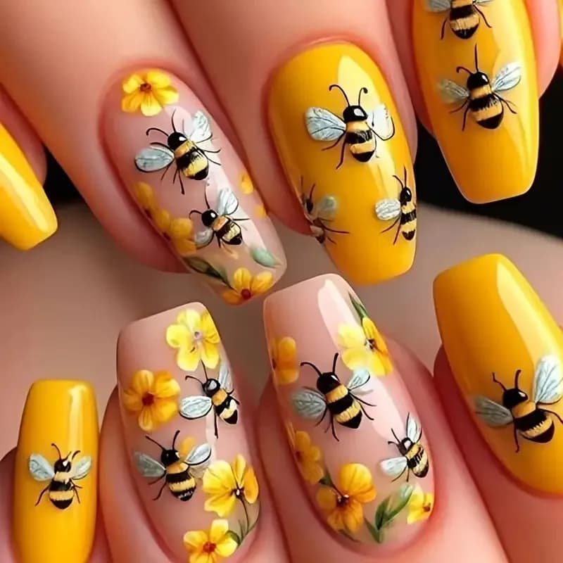 24 pcs/set medium long fake nails for women Spring summer flowers butterfly bee design faux ongles tips press on nails fake art