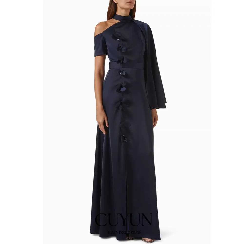 CUYUN Abiti da sera eleganti personalizzati per occasioni speciali Abito da festa con fiori 3D blu navy Abito da ballo con spacco laterale Abbigliamento da ospite