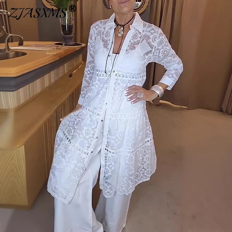 Camicette sexy in pizzo ricamato con fiori all'uncinetto Camicette da donna eleganti con bottoni bavero Top lungo primavera manica intera scava fuori camicie femminili