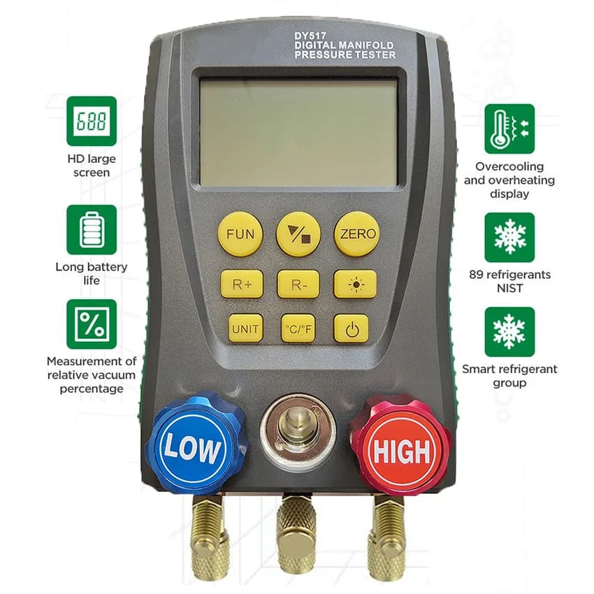 DY517 Tester per collettore di pressione del vuoto digitale per refrigerazione per auto Tester di temperatura dell'aria condizionata Strumento per valvole manometro