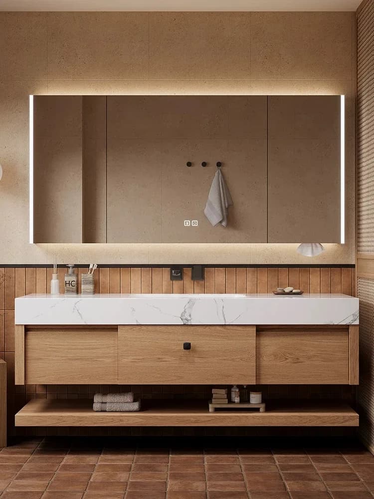 Mobile da Bagno Moderno in Legno Massello con Specchio Intelligente e Design Ecologico
