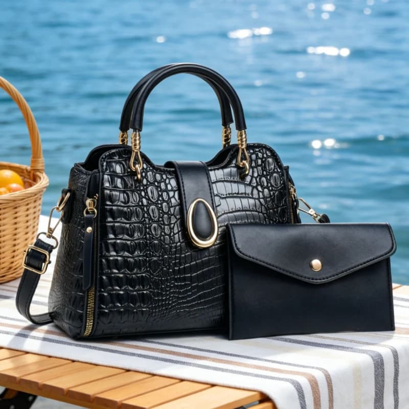 High-quality crocodile-grain women's handbag, 2-piece women's bag set, color-blocked large-capacity bucket bag