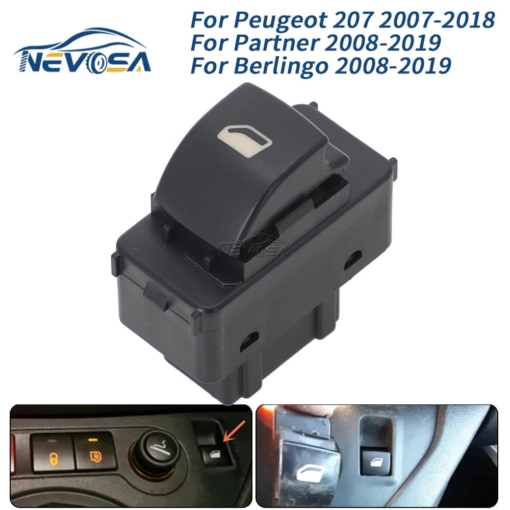 Pulsante Singolo per Peugeot 207 SW Van CC 2008- Partner Berlingo Interruttore Alzacristalli Elettrico 6490E2 6554QP 6490.E2 6554.QK 966579272ZD