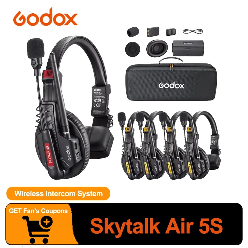 Sistema di Interfono Wireless Full-Duplex GODOX Skytalk Air 5S 2.4G per Comunicazione di Gruppo con Design Antirumore e Durata della Batteria di 20 Ore