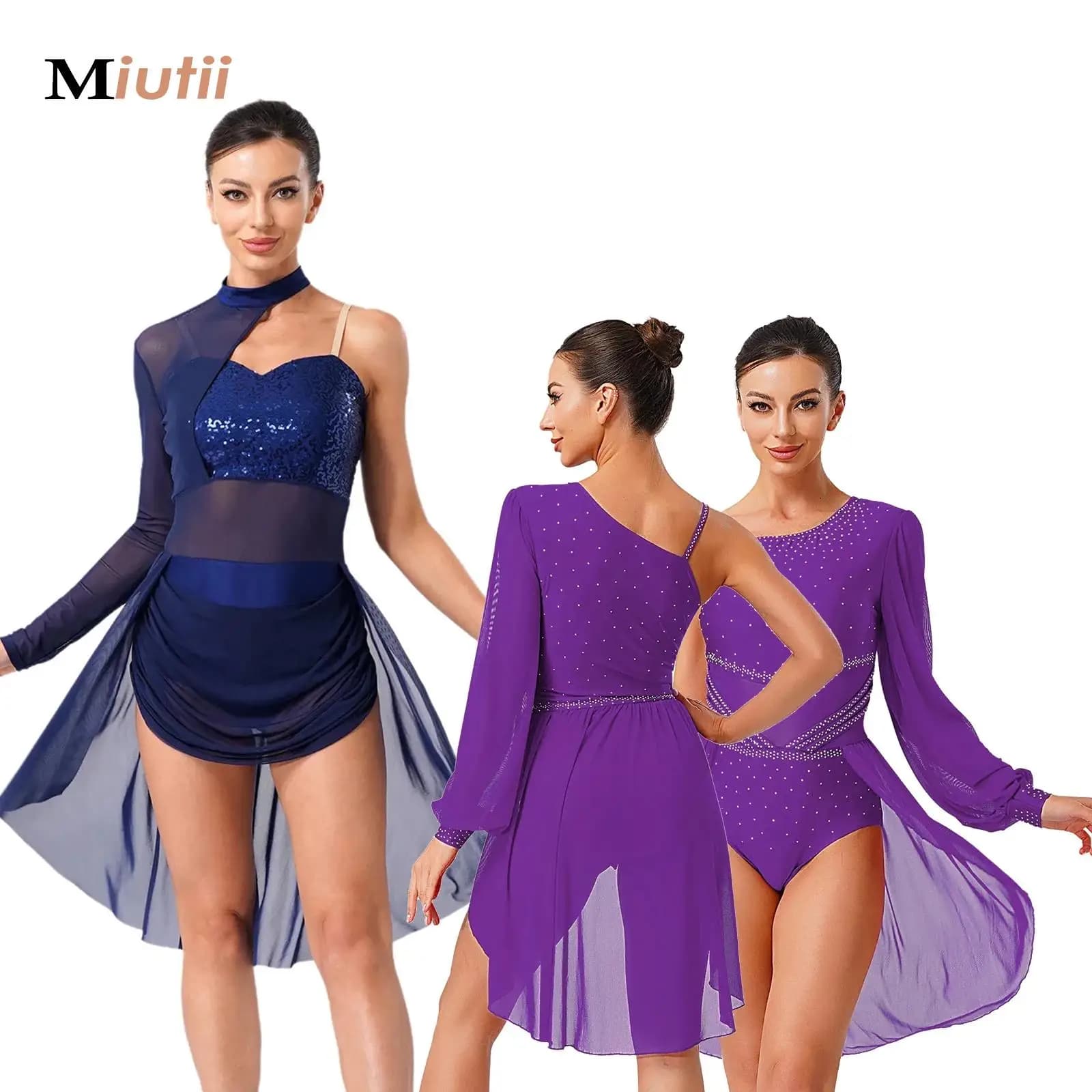 Abito da pattinaggio artistico su ghiaccio Donna Strass scintillanti Maniche lunghe Sala da ballo Balletto Costume da ballo Abbigliamento da competizione