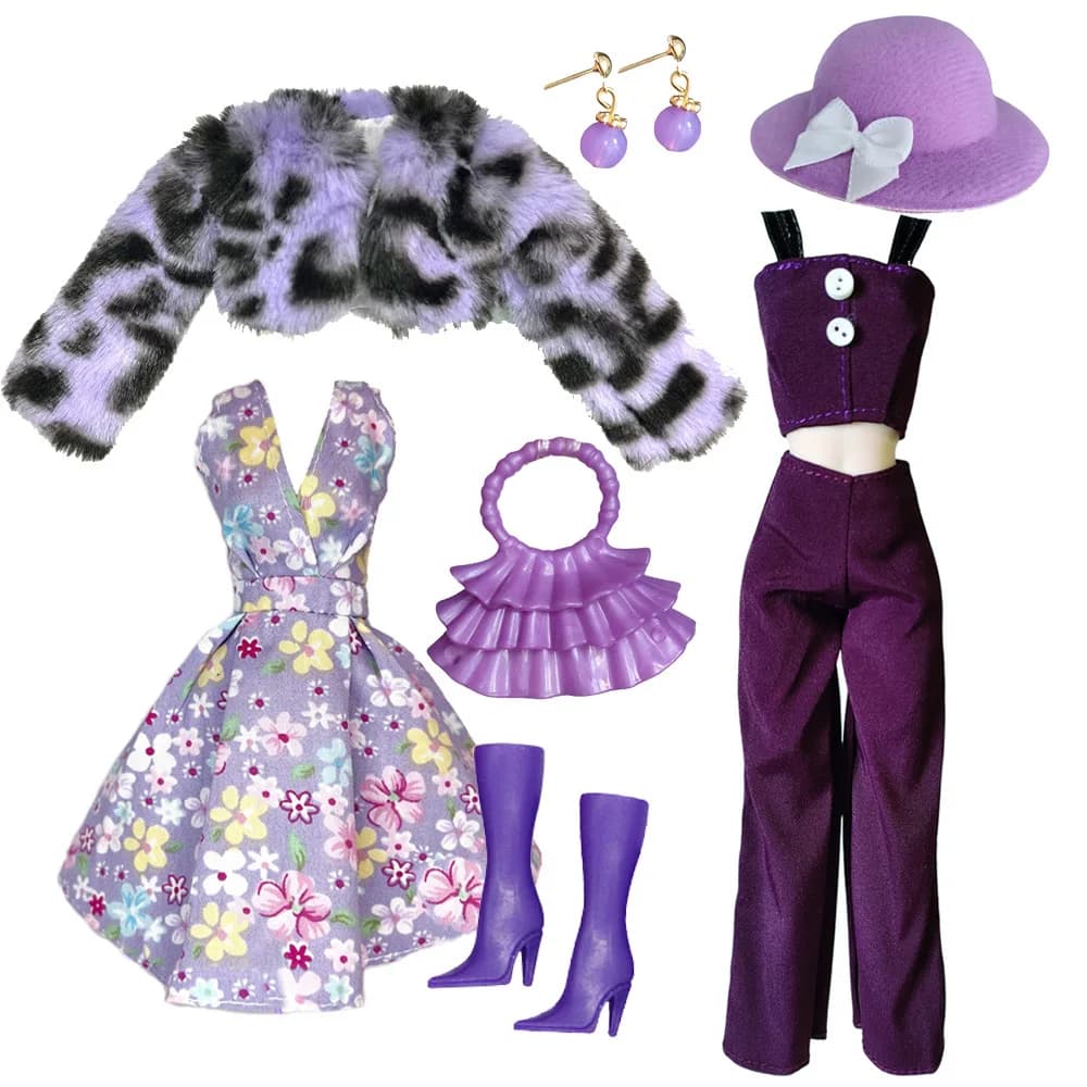 Set di 17 Stili di Abbigliamento alla Moda per Bambole Babi Xianxian Supermodel 1/6: Giacca in Peluche + Vestito + Borsa + Scarpe