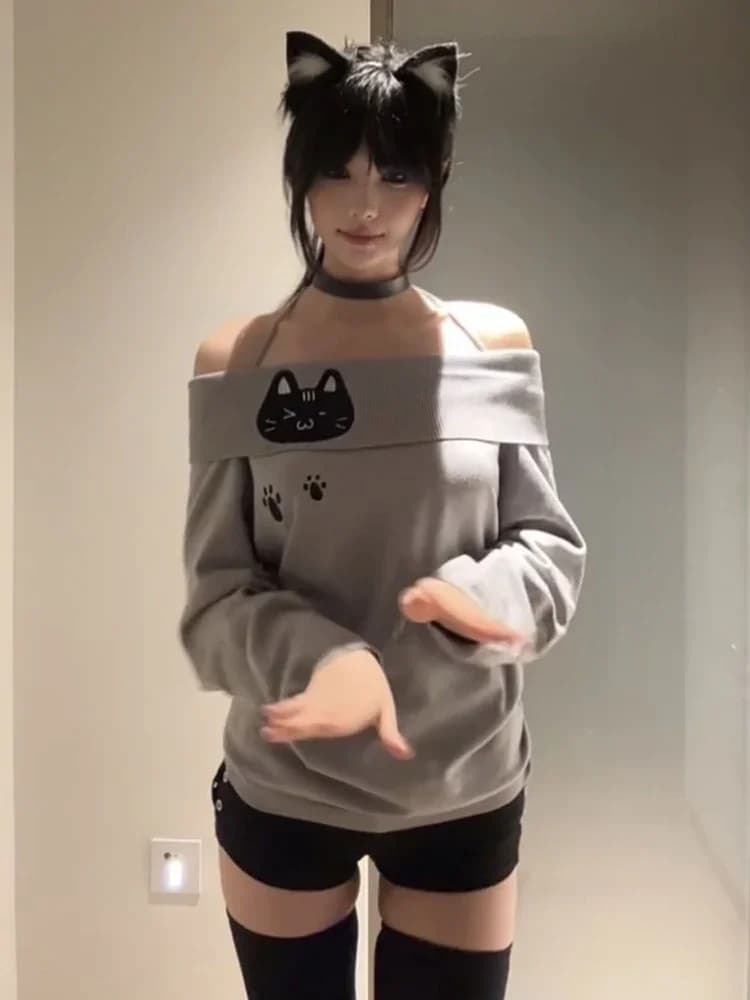 T-shirt with uncovered shoulders with cute embroidery Long-sleeved women's t-shirt with cat Kawaii Basic dressing T-shirt grey without shoulder straps