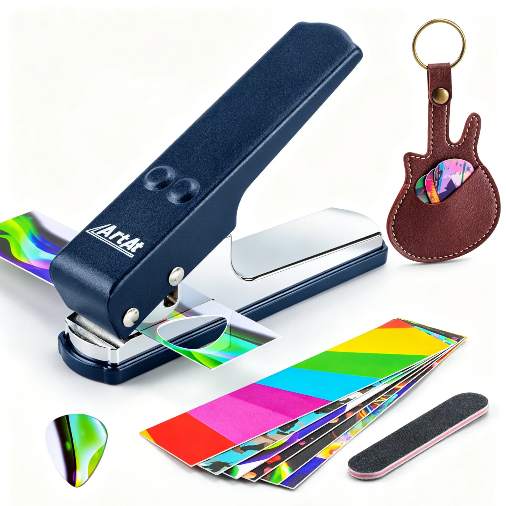Guitar Pick Hole Puncher Kit for Guitar Players, DIY Guitar Hole Puncher With 5 Colorful Strips, Leather Bag & Sanding Strip