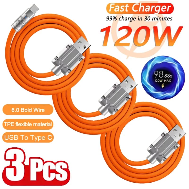 3 Pezzi Cavo Type-C 120W per Ricarica Super Veloce, Cavo USB C in Silicone Liquido per Trasferimento Dati per Telefoni Xiaomi Huawei Samsung